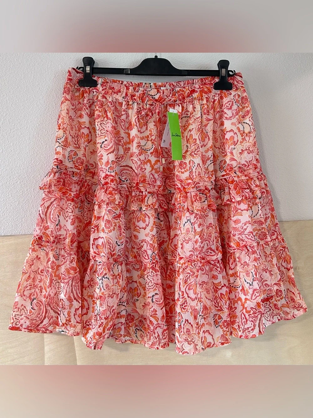 Sam Edelman Bree Flowy Tiered Mini Skirt Peach Pink Sz M Boho Tropical Fairycore